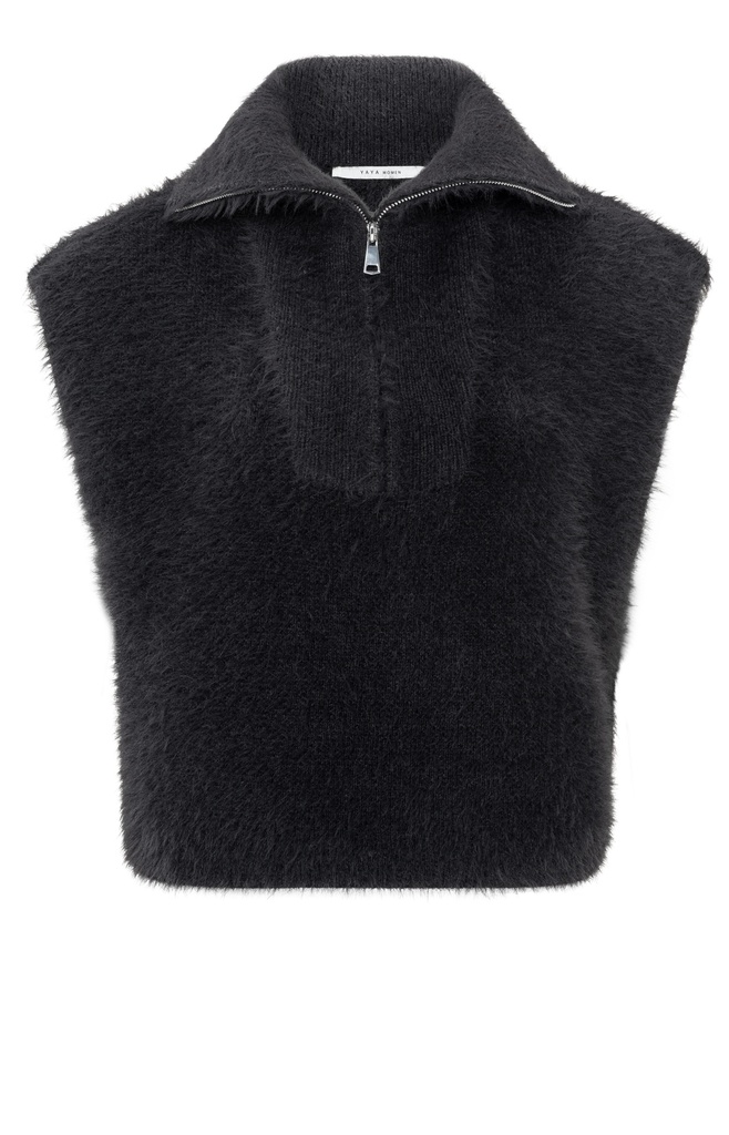 YAYA Sleeveless fluffy sweater with collar anthracite