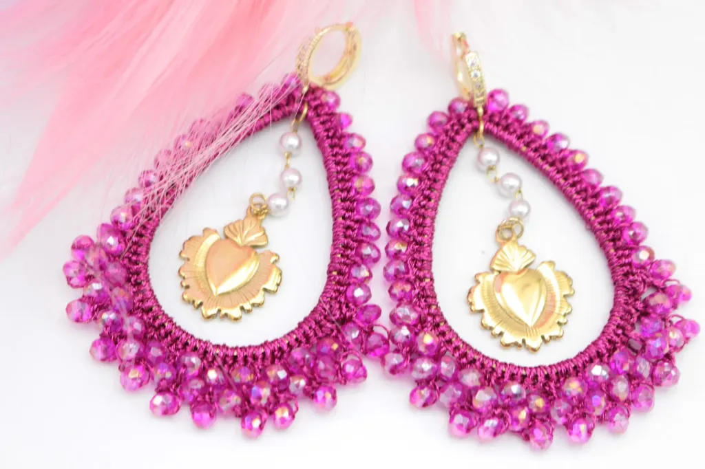 [x12-4-01] LES BLONDINETTES Boucles créoles perlées Fushia