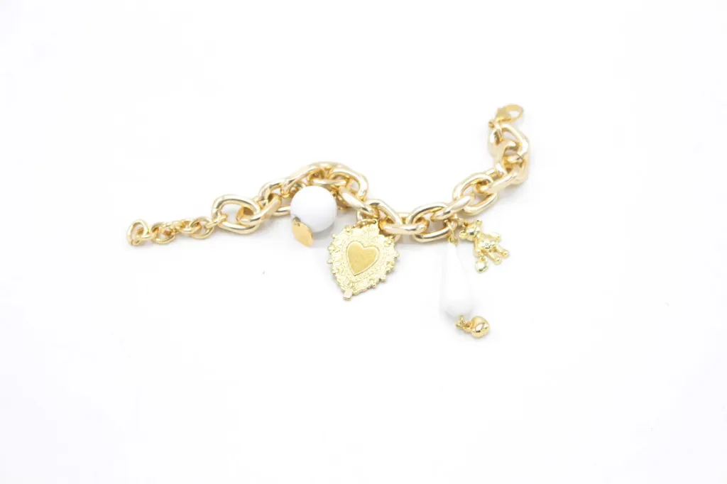 [x12-6-12] LES BLONDINETTES Bracelet maillons or coeur mexicain et breloque blanche